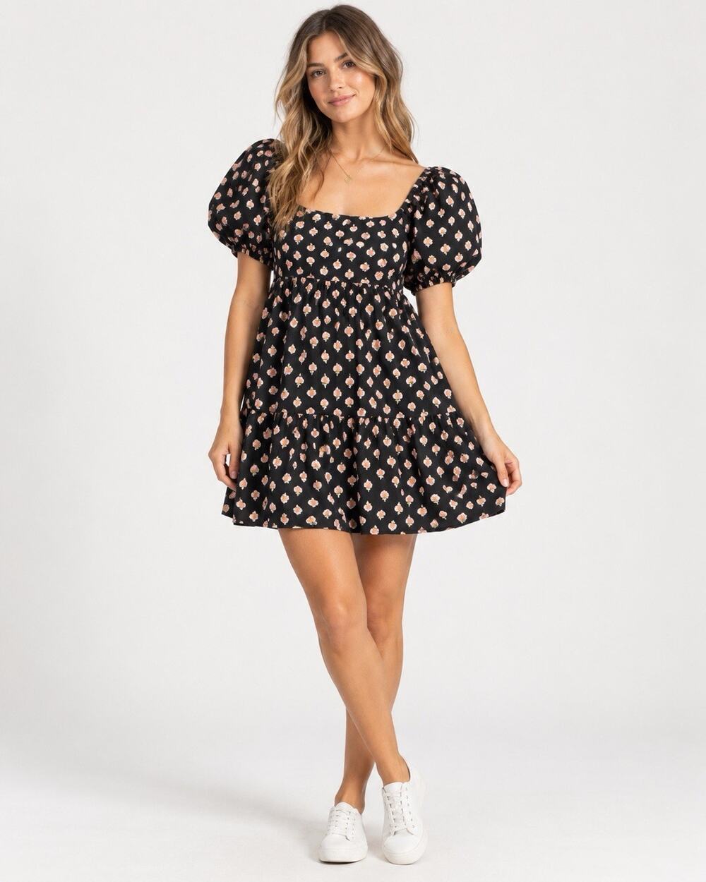 Billabong Breezy Palms Dress Womens Small Black Pink Floral Puff Sleeve NWT